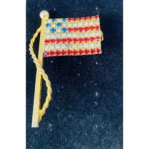 Vintage Patriotic USA AMERICAN FLAG Rhinestone Brooch Push PIN Gold Tone Metal